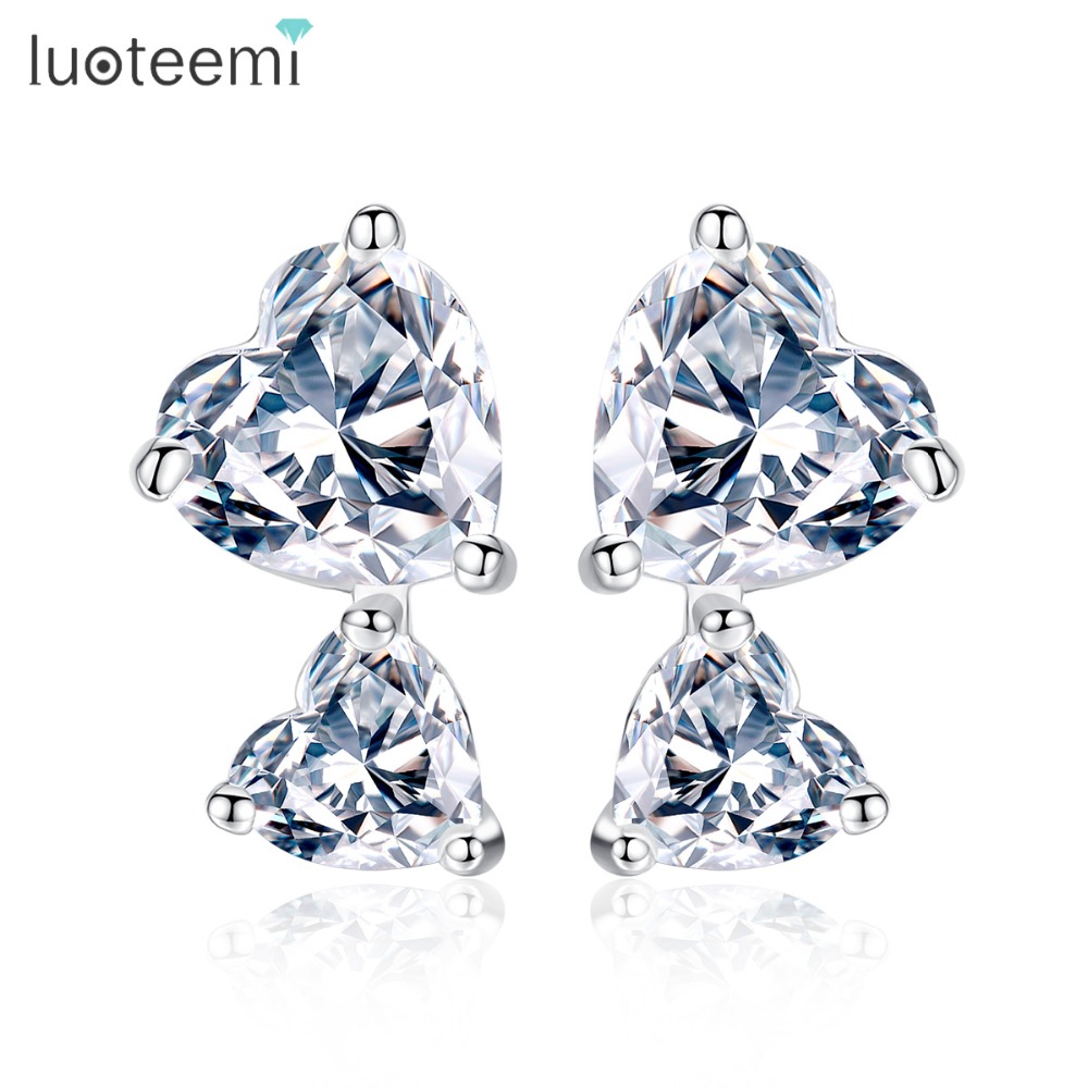 LUOTEEMI White Gold Color Fashion 1 Pair Double Heart-shaped White Cubic Zirconia Stud Earrings For Womens Girls Love Gift