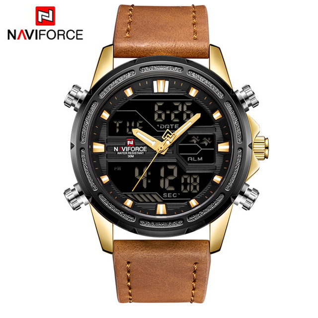 Мужские Цифровые кварцевые часы NAVIFORCE NF9138 с кожаным ремешком, спортивные часы, светящиеся недели, отображение даты и месяца
