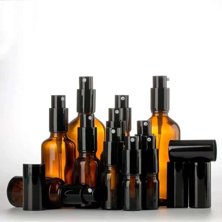 5ml 10ml 15ml 20ml 30ml 50ml 100ml Amber Pump Spray Glass Bottles with Black serum toner dispenser