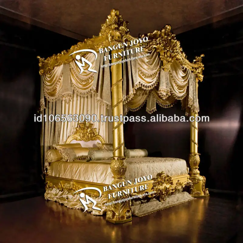 Antique furniture wood canopy carved bed with gold leaf BJ RC03