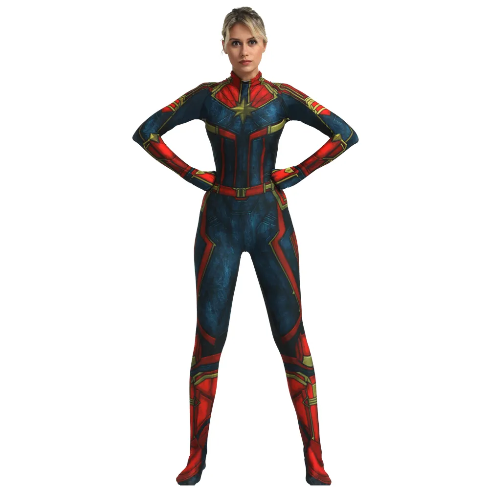 Custom Made Captain-Marvel Cosplay Costume Spandex Printed Captain Marvel Superhero Zentai Suit Halloween Bodysuit Costumes