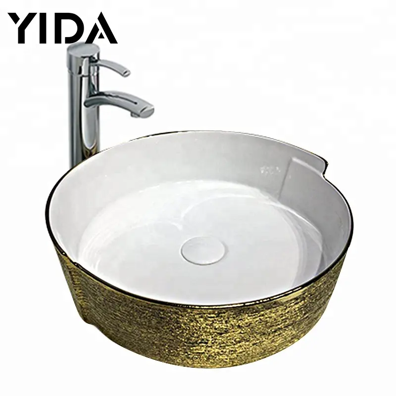 Chaozhou new design hotel building bathroom fixtures ceramic gold plated color counter  vanity top wash art basin for