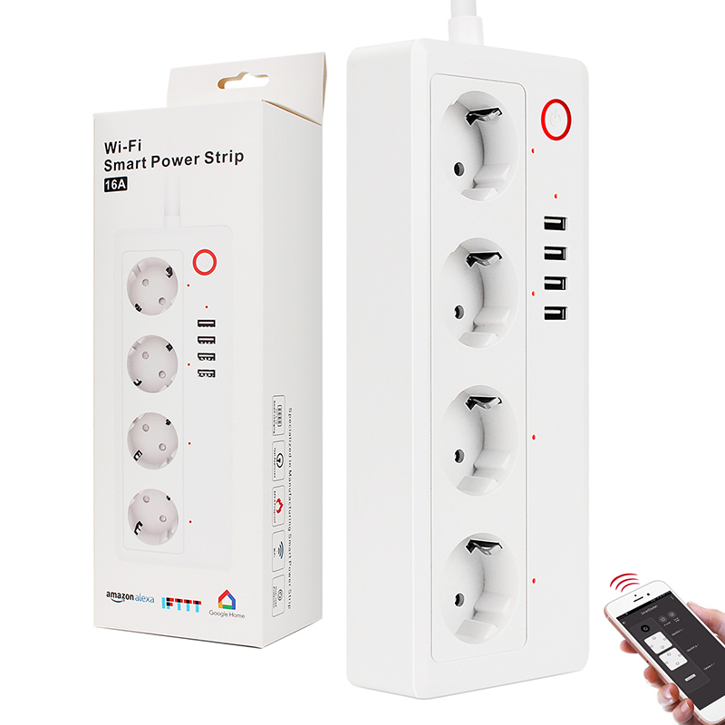 Европейская удлинительная розетка европейского стандарта, 4 розетки, 4 USB-порта, работает с Amazon Alexa Google Home iFTTT, умный удлинитель с Wi-Fi