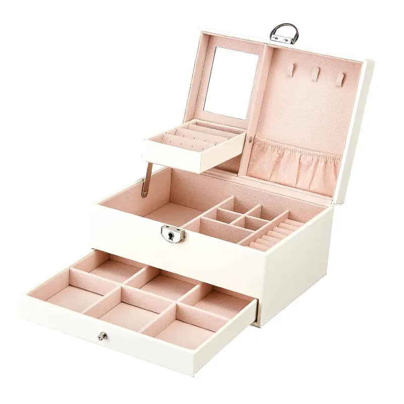 Luxury PU Leather Jewelry Box Organizer With Drawer Large Necklace Bracelet Ring Earring Jewellery Storage Case Packaging Box