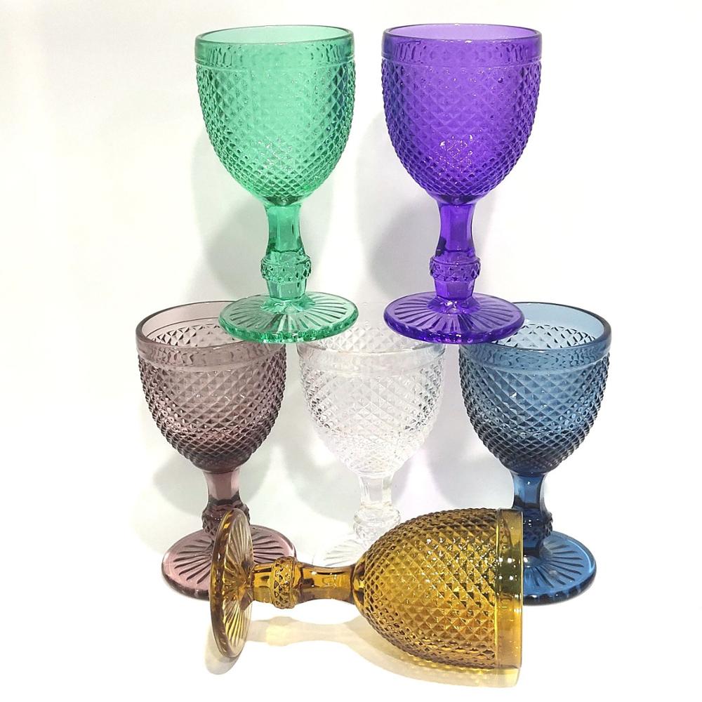 Luxury function glass colored vintage embossed wine cup juice cup goblet with good price