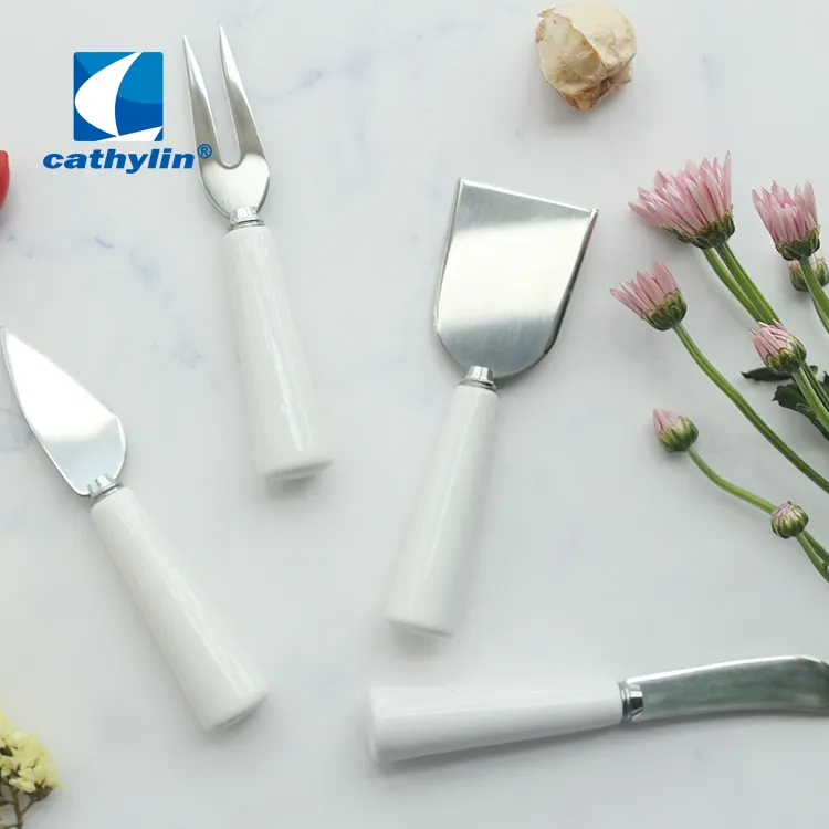 4pcs Cheese Knife Sets Cathylin Classic 4pcs White Ceramic Handle Cute Stainless Steel Wedding Cake Cutter Server Fork Shovel And Knife Cheese Tool Set