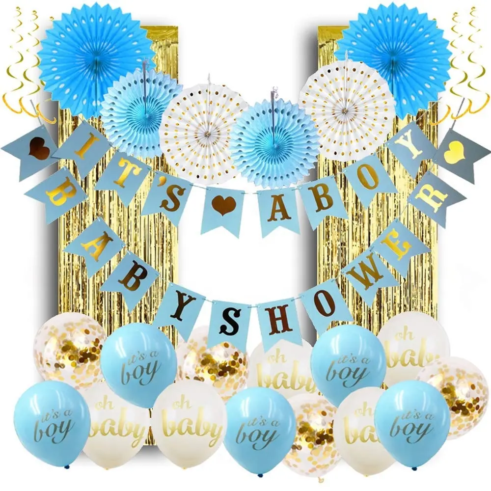 Baby Shower Decorations for Boy Hollow Paper Fan Balloons Banner Gold Foil Fringe Curtain Kit for Baby Boy Shower Gifts Favor