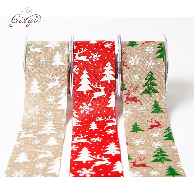 2.5'' Christmas Jute Printed Ribbons Bows Gift Wrapping Ribbon