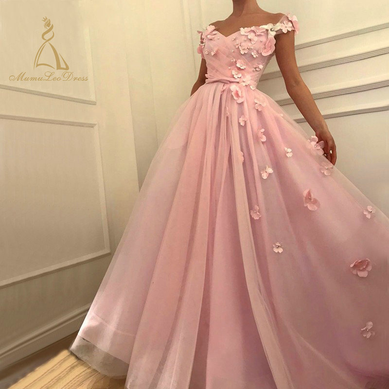 Woman Off Shoulder 2019 Zipper Back Tulle Western Style And Vintage Ball Girl Flower Pink Arabic Evening Gown Dress