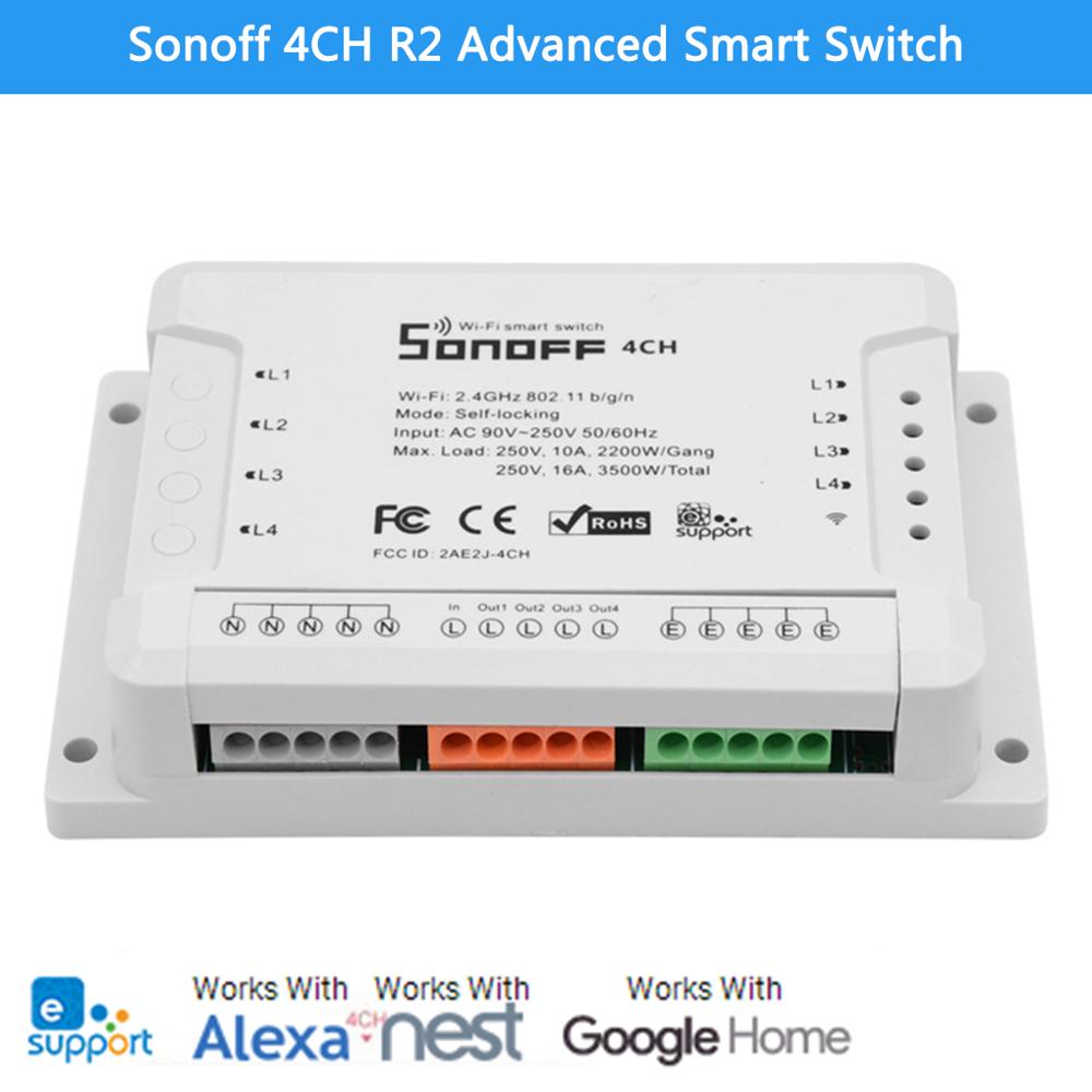 Интеллектуальный выключатель света Sonoff 4CH R2 переключатель Wi-Fi 4 банды с автофиксацией/шаговым управлением с автоматической блокировкой кирпечей из глины, Wi-Fi, RF управление Умный переключатель приложение пульт дистанционного управления работает с