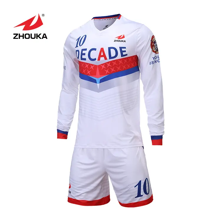 Zhouka Thai Quality Custom Sublimation Football Jersey New Model 100% Polyester White Long Sleeve Soccer Jersey