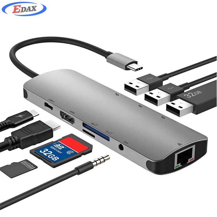 Фабрика USB-C концентратор, 9 в 1 тип C адаптер с USB 3,0 HDM1 SD TF 3.5AUX RJ45 PD, USB Type C многопортовый адаптер
