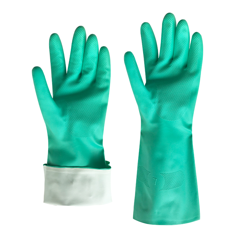 Directly exported flocked lining green reusable chemical resistant nitrile gloves 33cm