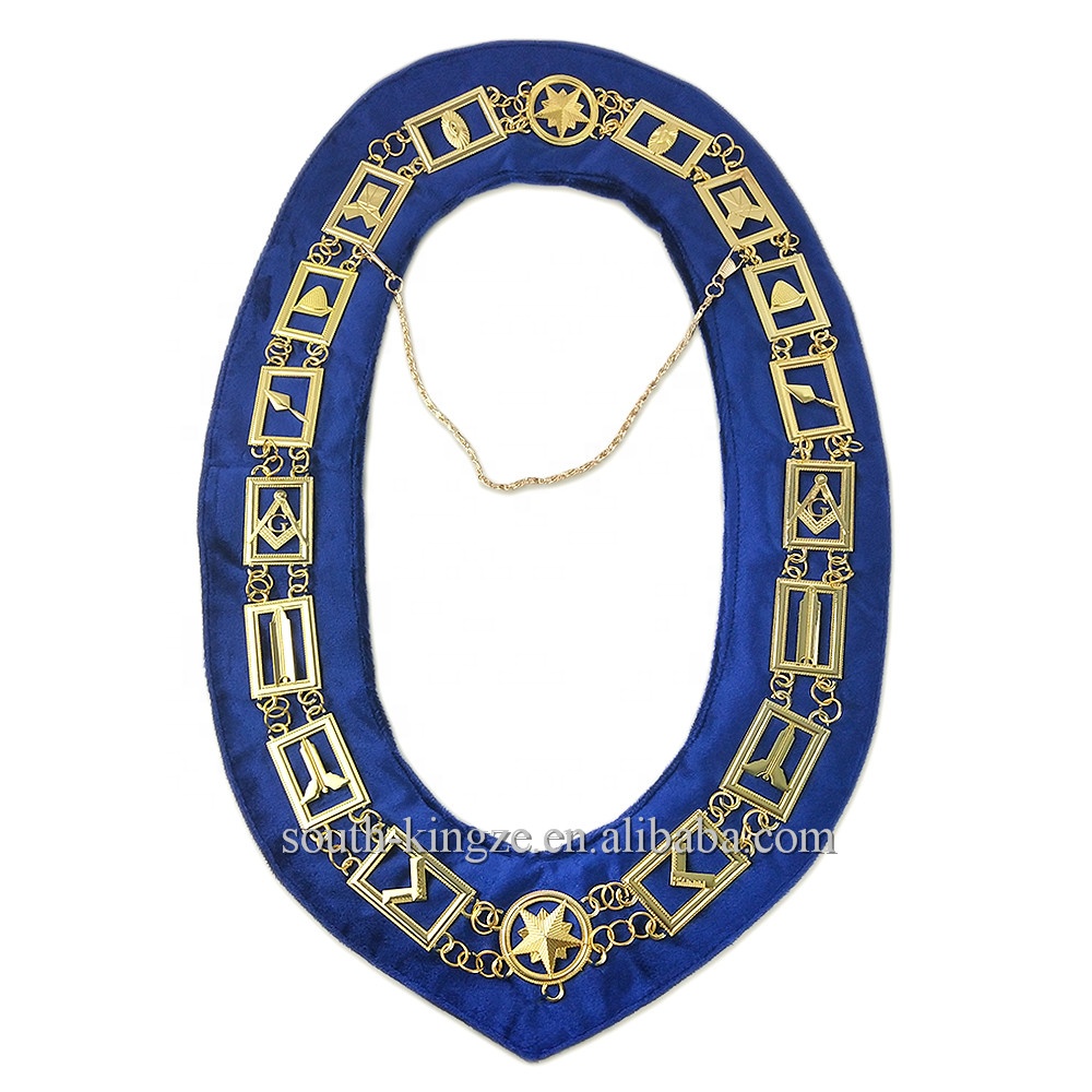 Рабочие инструменты Masonic Blue, цепочка для воротника, позолоченная Синяя бархатная подложка, металлические символы эмблемы, аксессуары для офицеров Мейсона