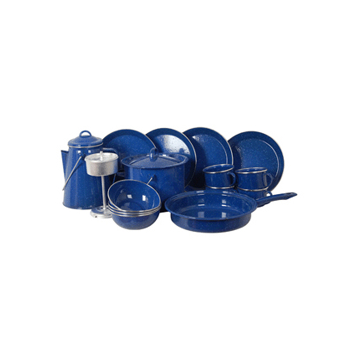 15pc outdoor dinner cooking custom logo camping picnic mug bowl plate blue black color enamel cast iron cookware pot set