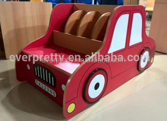 Car Shape Nursery School Furniture Wooden Cartoon Book Shelf For Kids In Kindergarten
