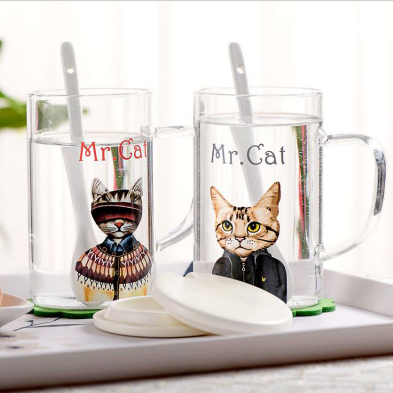 Стеклянная чашка UCHOME Cat Patten с двойными стенками, кофейная чашка с крышкой, прозрачная Милая креативная многоразовая кофейная чашка, стекло
