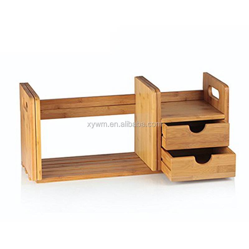 Free Standing Expandable Bamboo Wooden Bookcase with Drawer and Storage Rack for Book