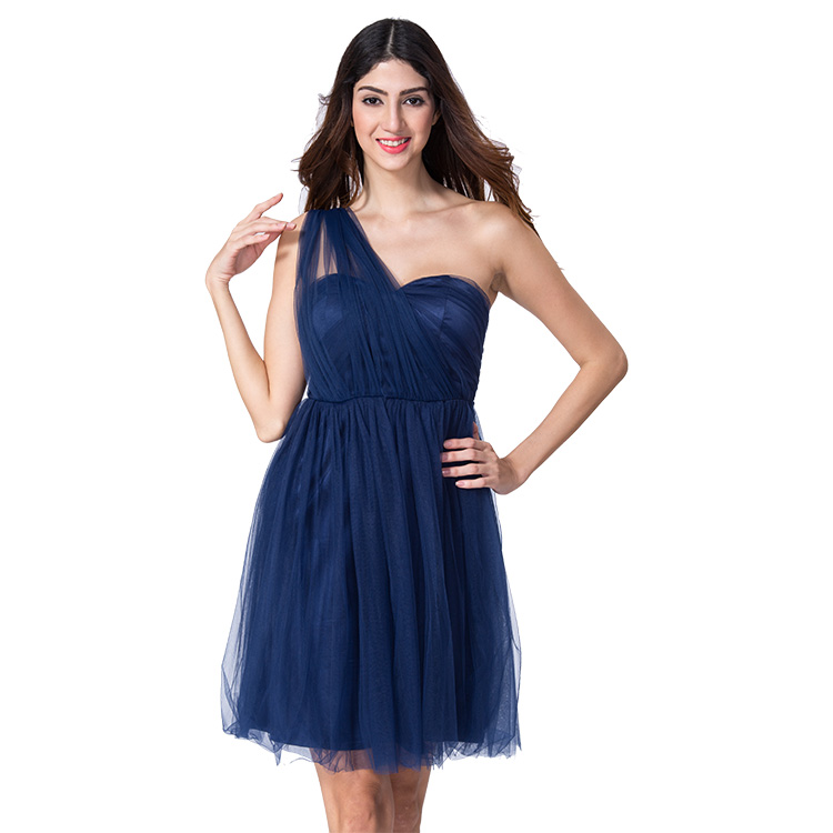 Sexy One Shoulder Dark Blue Women Trendy Clothing Ladies Short Empire Waist Mesh Convertible Cocktail Dress