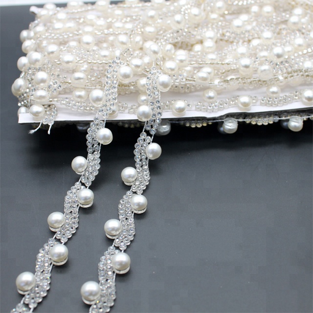 z007 Wholesale pearl and rhinestone trimming plastic rhinestone cup chain crystal pearl beads trim for garment