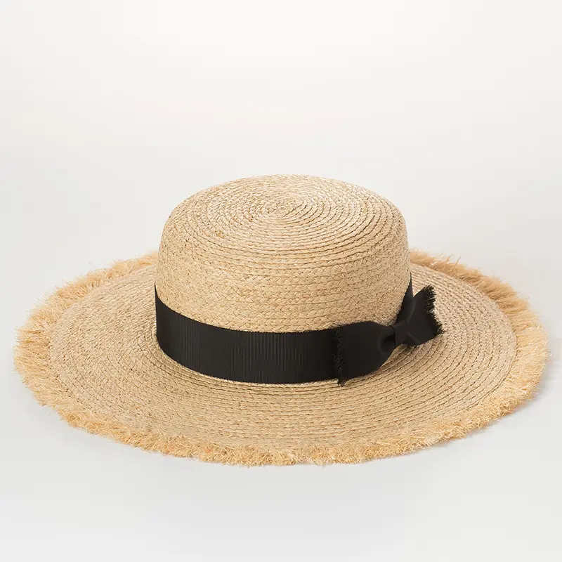 Fashion Summer Trend Frayed Brim Natural Raffia Straw Boater Hat