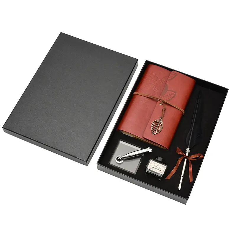 Leather notebook with acrylic holder smooth grip retro feather quill and ink pen set notepad pen gift set