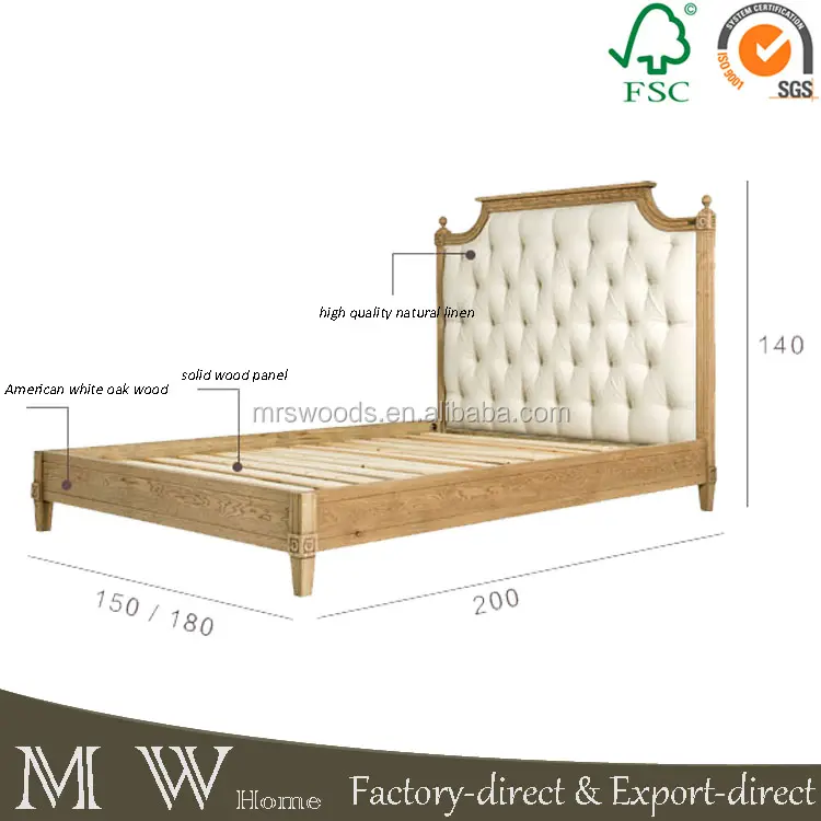 french country oak linen fabric button tufted upholstered king bed frame wood