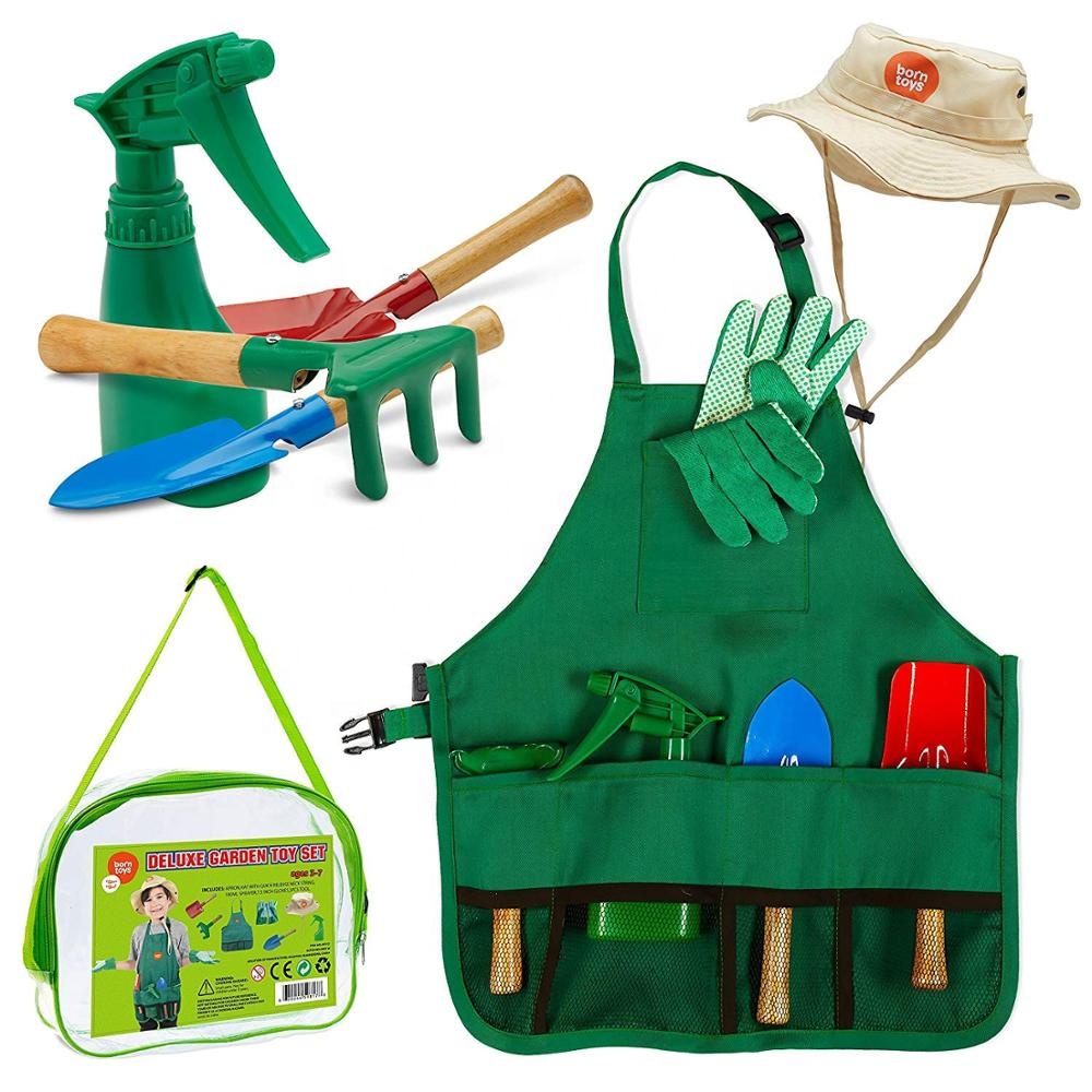Kids Gardening Gloves and Washable Apron Set for Real or Sand Gardening and Dress up