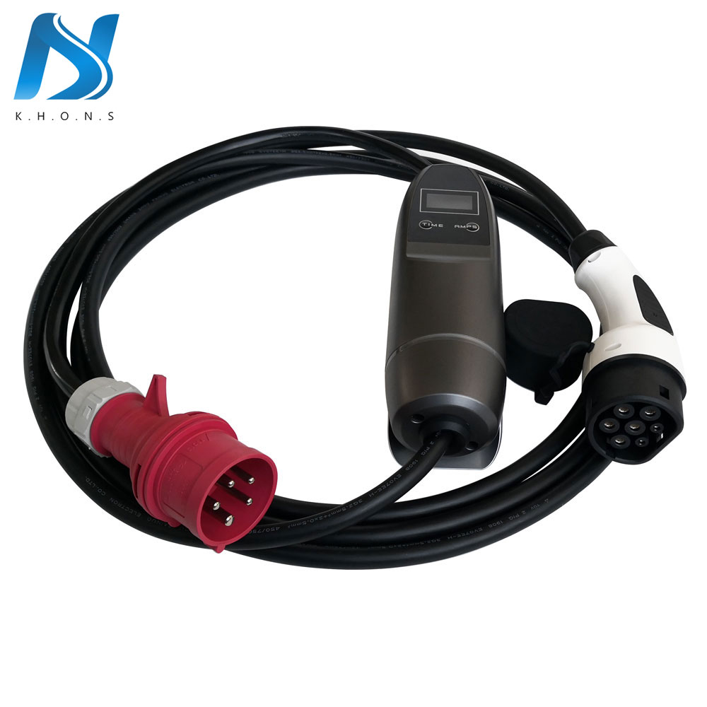Портативное зарядное устройство Khons type 2 для электромобилей, 32 А, 3 фазы, iec 62196-2, EVSE, с гнездовой вилкой и вилкой cee