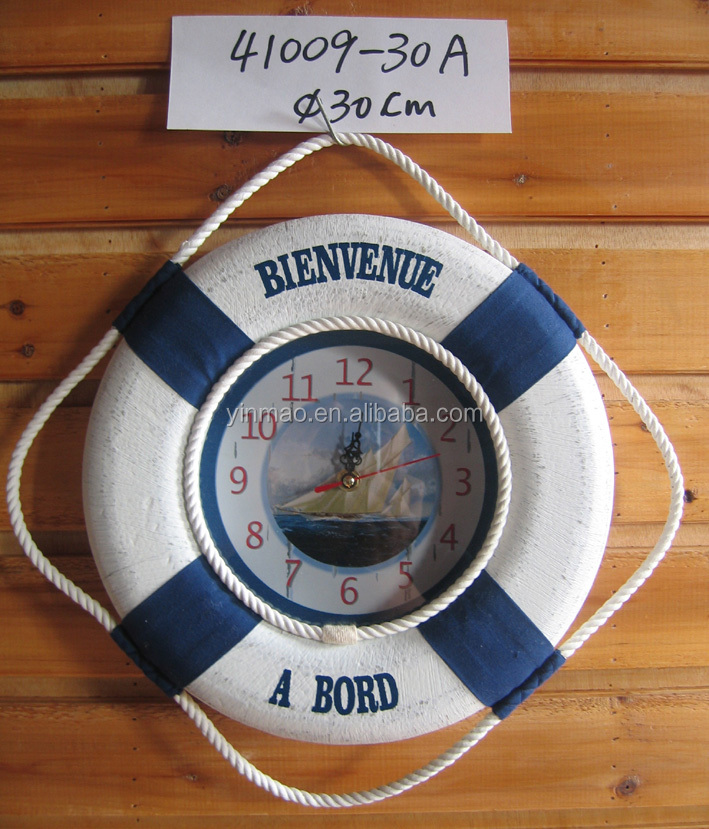 "BIENVENUE A BORD" antique life buoy Clock, Set 2 Dia35cm Blue scratched nautical life saver ring Clock , life preserves clock