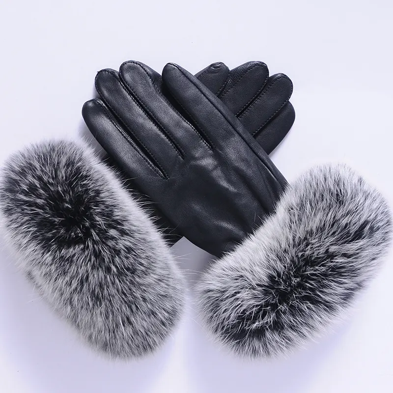 salable warm winter genuine leather sheepskin fox fur gloves for lady