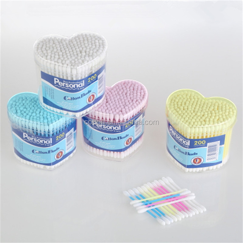 200PCS Colorful Plastic Stick Heart Shaped Boxes Cotton Swabs Buds