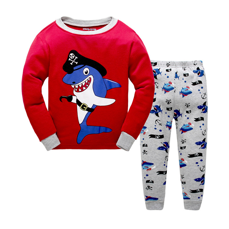 Cute shark print long sleeve boy red tshirt pants 100% cotton boy nightclothes