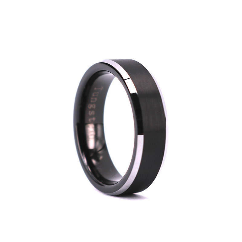 Classic Wedding Band 6MM Black Tungsten Ring with Beveled Silver Edge