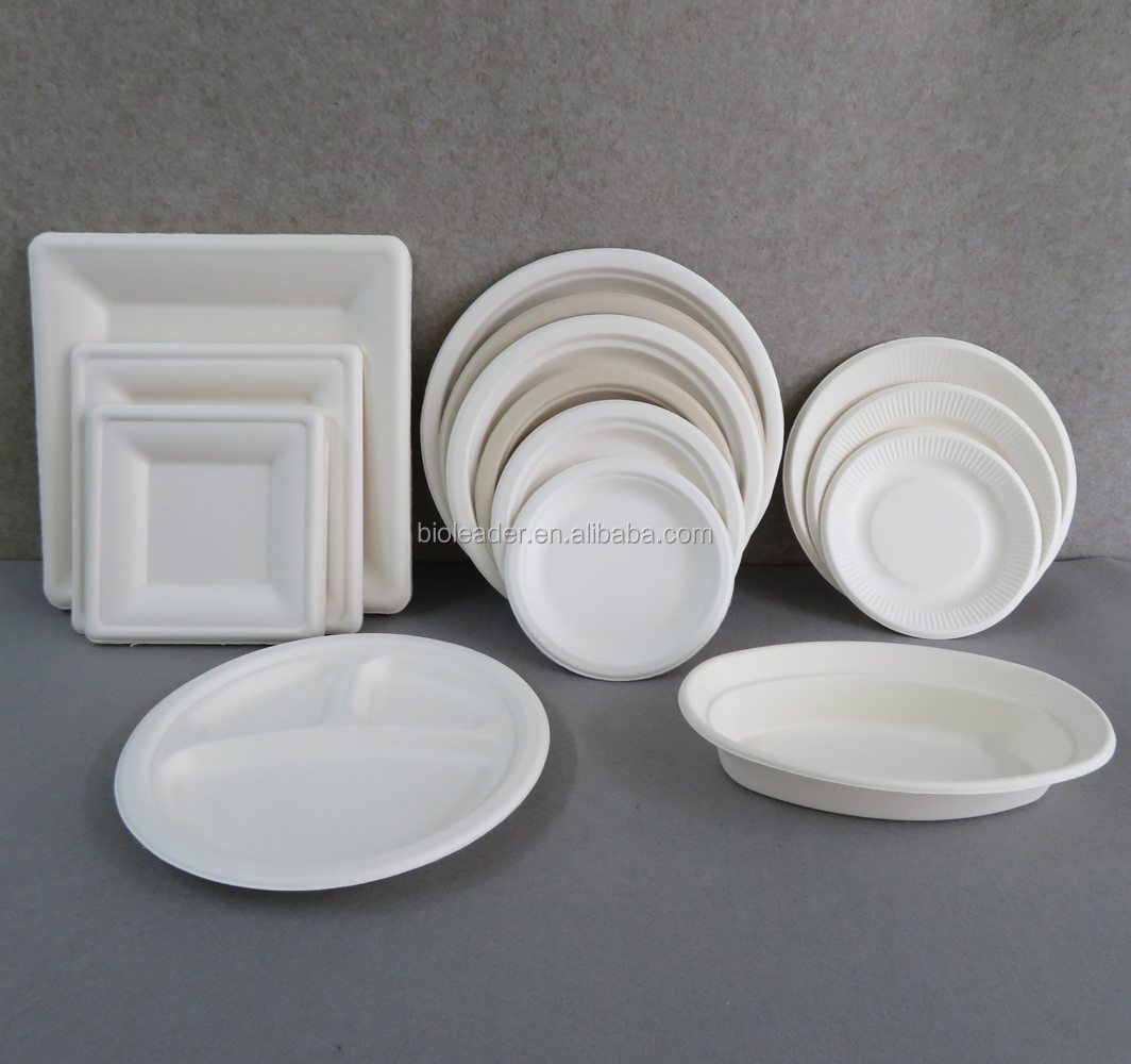 Sugarcane Bagasse 6,7,8,9 дюймовые пластины эко биоразлагаемые одноразовые тарелки блюдо круглый CE / EU укомплектованный сине-белый завод