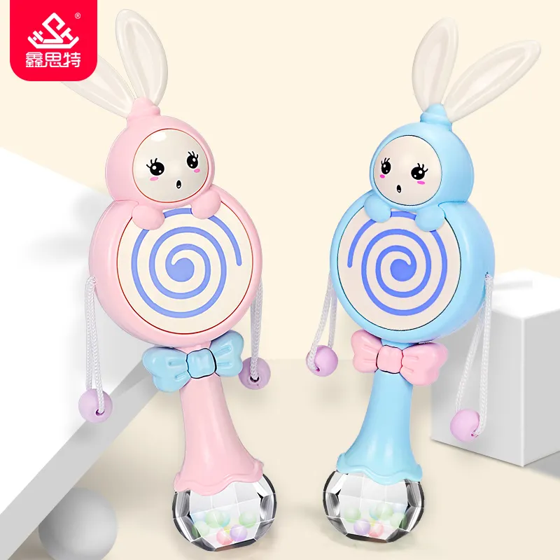XST Musical Light Rabbit Soft Bunny Ear Teether Rattle Plastic Bell Rattle Drum Noise Maker Plastic Stick Baby Rattle Toys