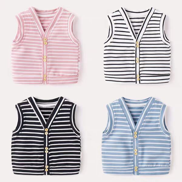 Organic Newborn Pure Cotton Sleeveless Button Popular Strip Baby Vests