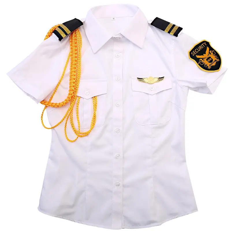 White short sleeve security guard uniform shirt for woman with cap