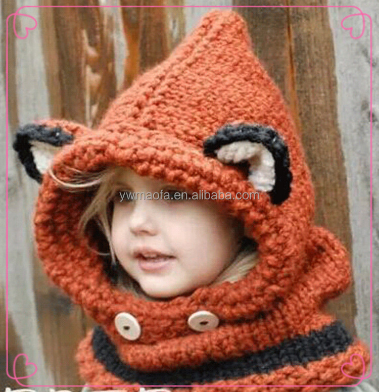 Fox Kids Толстовка шапка Crochet Fox клобук животных Hat вязаный шарф с капюшоном Коренастый крючком животных шарф