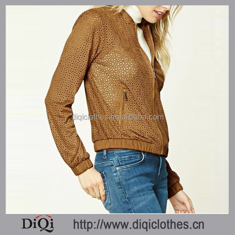 Дамы фантазии вырезать куртка одежда производителей Zip-Up Faux Suede Laser-cut куртка