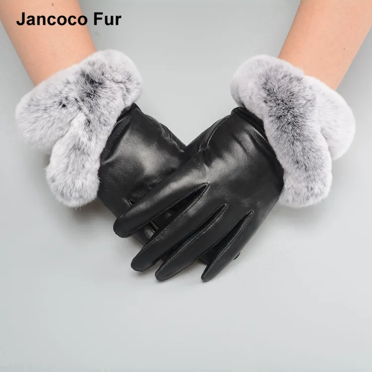 Lady's genuine sheepskin leather gloves soft rabbit fur touch screen mittens spring winter warm S2005