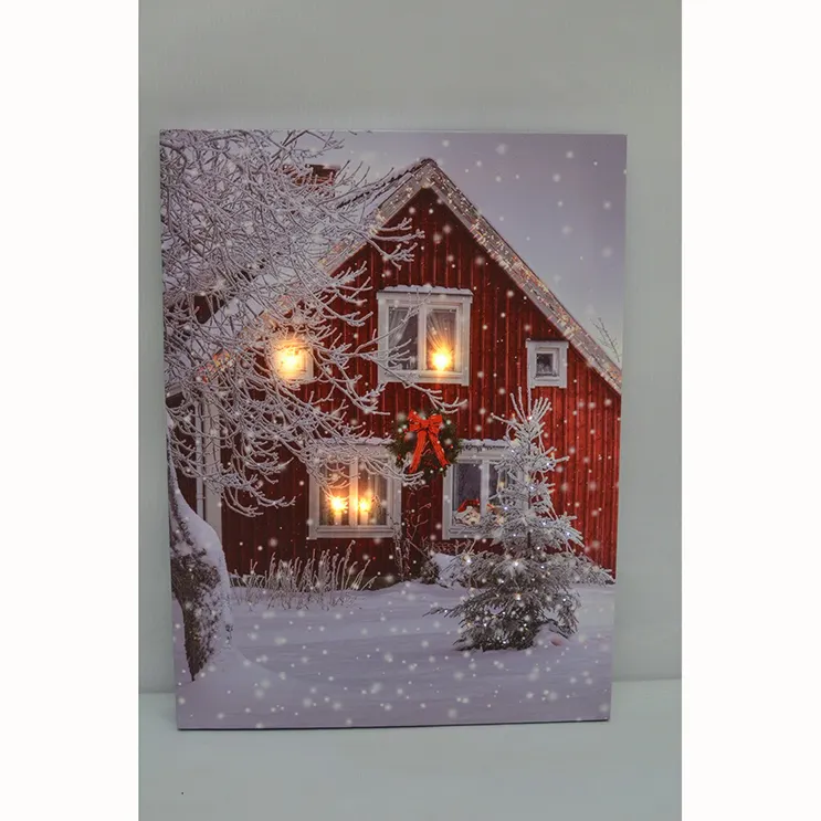 Red House Lighted Christmas Pictures LED Paint Canvas