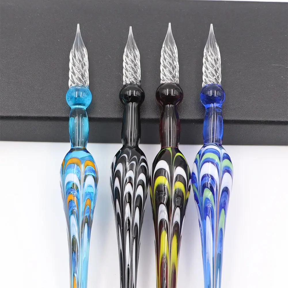 Fancy Magic Hand Blown Art Crystal Glass Bird Phoenix Peacock Tail Feather Fountain Dip Pen Birthday Holiday Gifts for Women