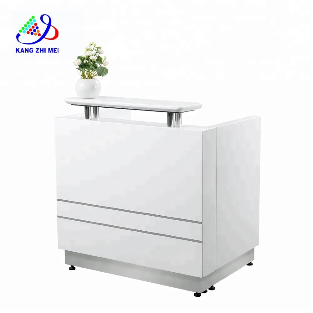 Kanmgei Cheap Price Modern Beauty Salon Furniture Wooden High Gloss White Small Front Reception Desk Counter Table