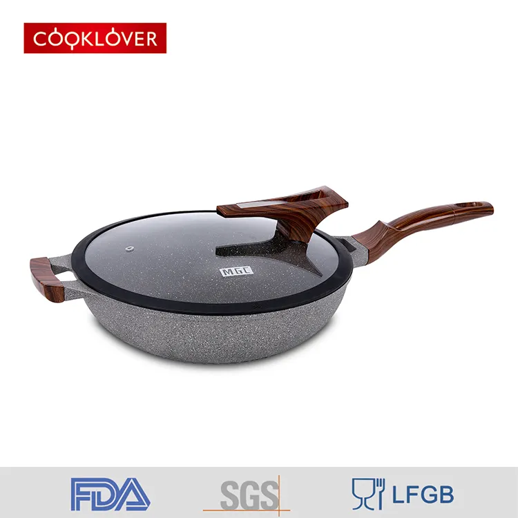 32cm die cast aluminum marble coated with soft touch handle pan wok