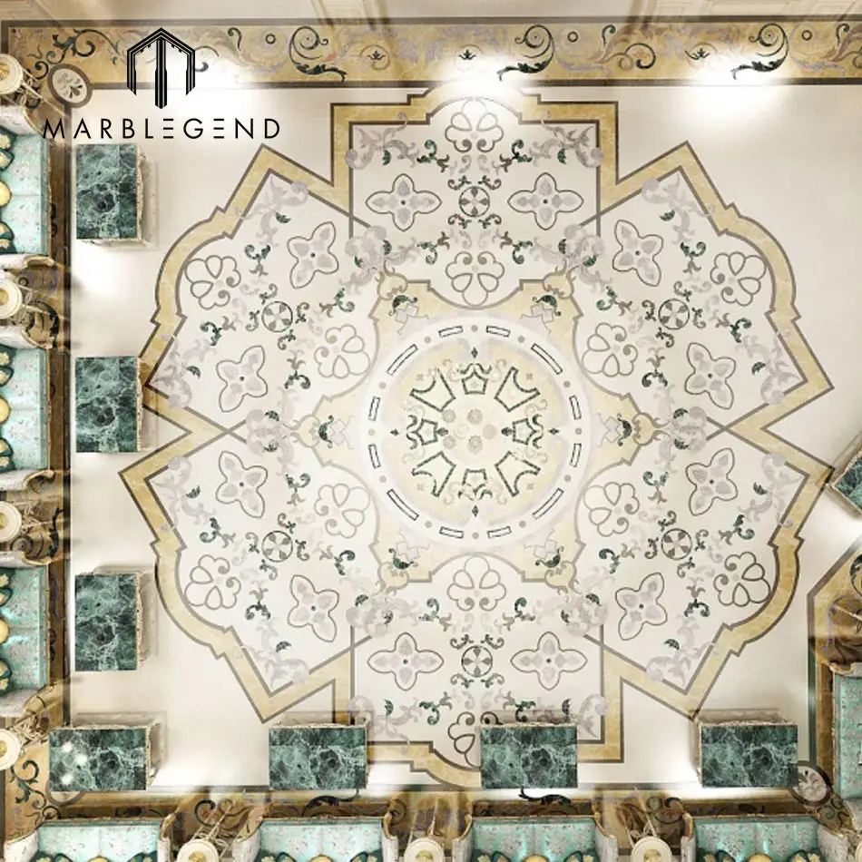Высококачественная Роскошная Водоструйная мраморная напольная плитка для квадратных мраморных полов с инкрустацией, цветочный дизайн, изогнутая мраморная плитка
