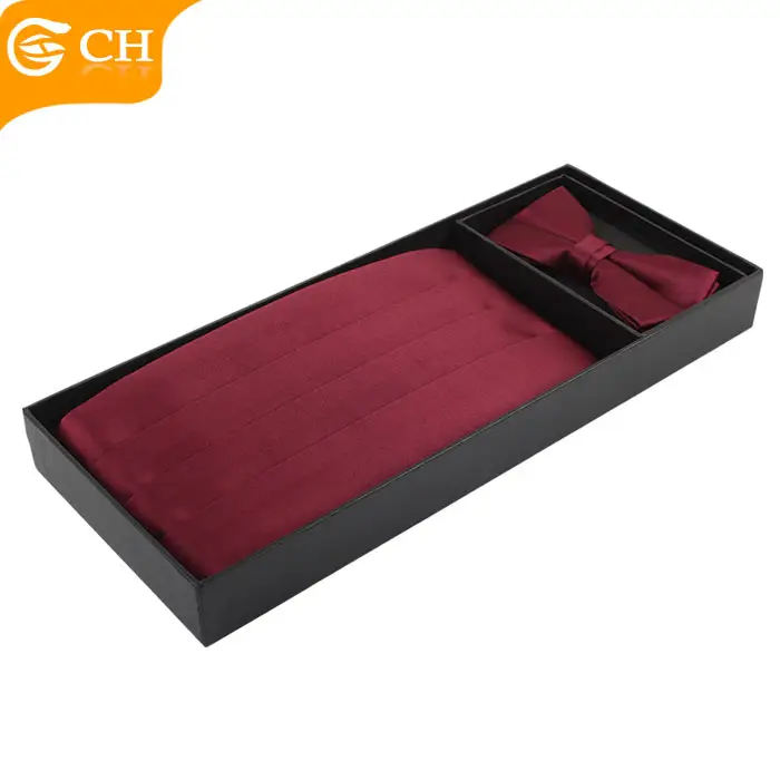 Custom Polyester Wine Red Mens Cummerbund And Bow Tie Set With Gift Box Packing