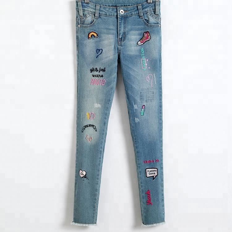Пользовательские цвета печатных вышитые патч стретч Slim Fit Брюки Джинсы