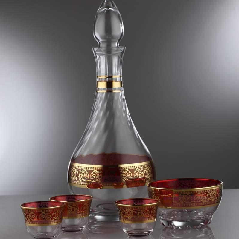 8 шт., набор Замзам (1 бутылка + 1 чаша + 6 чашек), декор: Dantel, цвет: красный и золотой