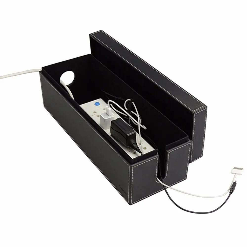 Faux leather cord cubby and cable storage organizer cable management box